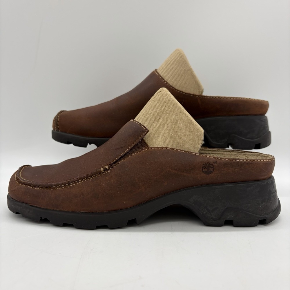 Timberland Womens 6 Shoe Slip On Mule Slide Brown Leather Casual Comfort Heel